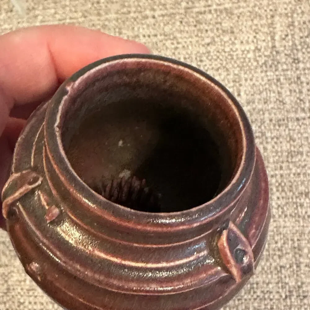 Signed Studio Pottery Mini Bud Vase w/ Builtin Flower Frog Sig on (illegible)